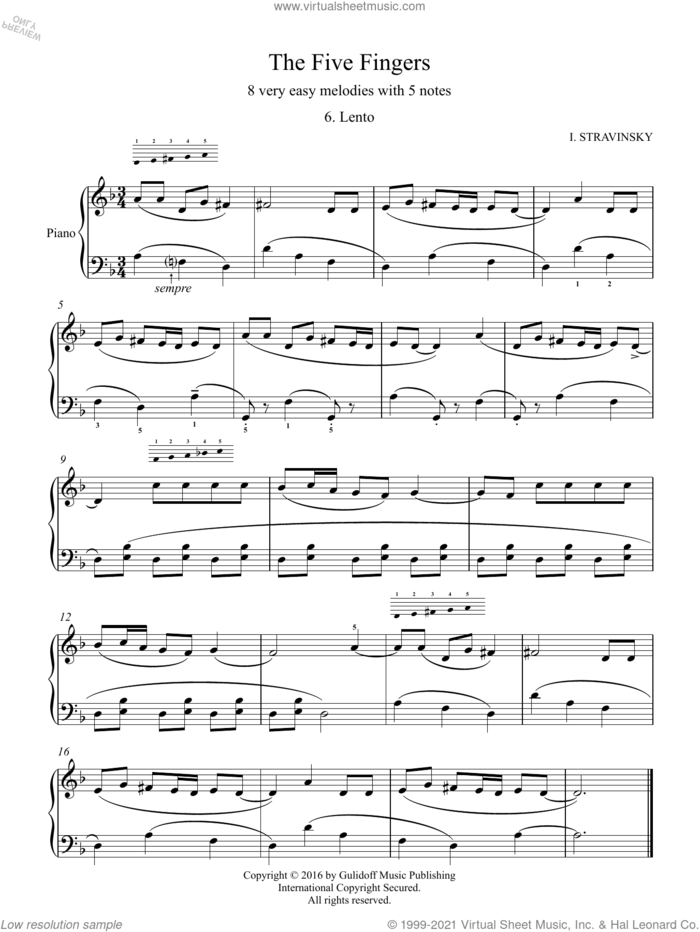 Five Fingers: 6. Lento sheet music for piano solo by Igor Stravinsky and Ruslan Gulidov, classical score, intermediate skill level