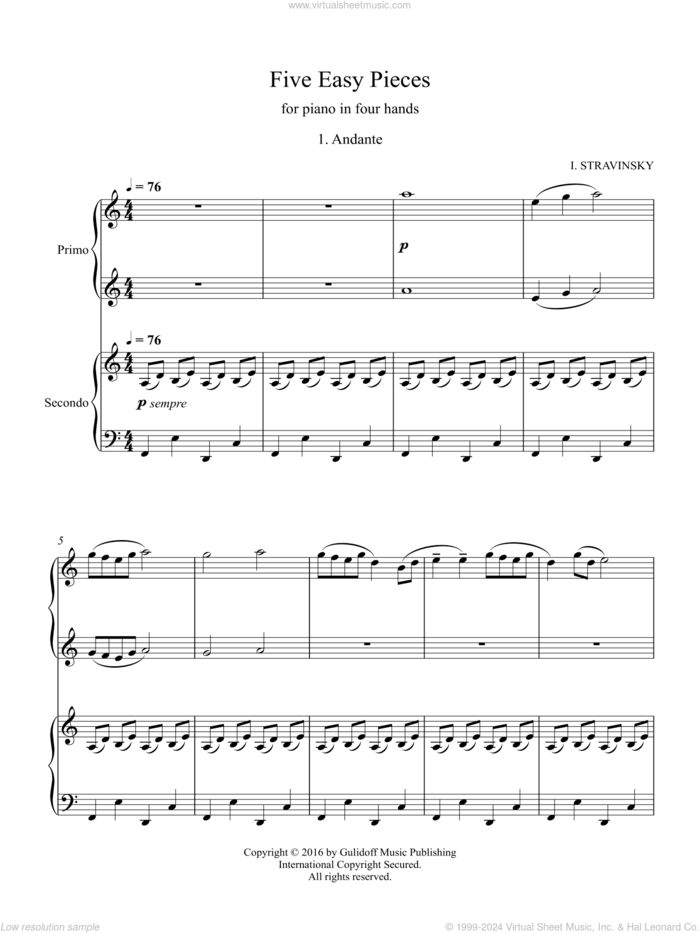 Five Easy Pieces for piano in four hands, No. 1: Andante sheet music for piano four hands by Igor Stravinsky and Ruslan Gulidov, classical score, intermediate skill level