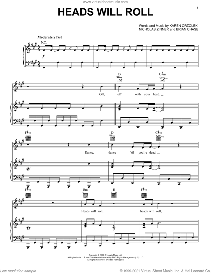 Heads Will Roll (from Sing 2) sheet music for voice, piano or guitar by Scarlett Johansson, Brian Chase, Karen Orzolek and Nick Zinner, intermediate skill level