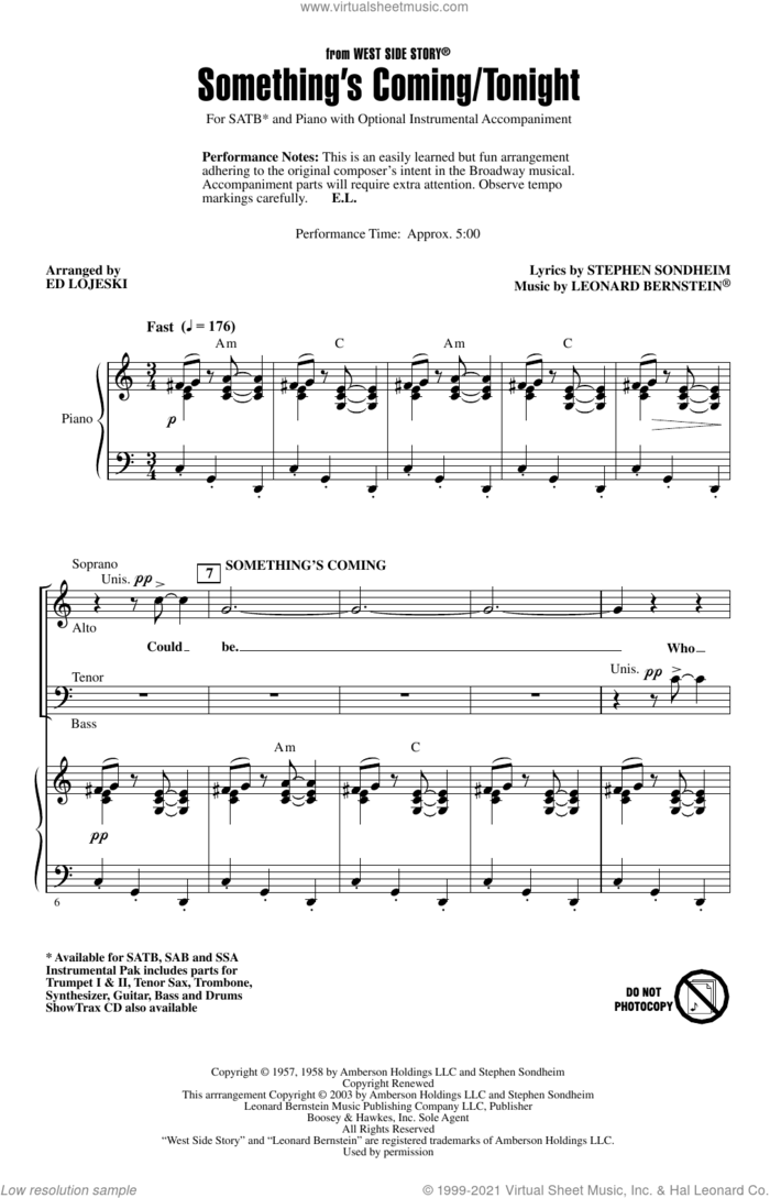 Something's Coming/Tonight (from West Side Story) (arr. Ed Lojeski) sheet music for choir (SATB: soprano, alto, tenor, bass) by Stephen Sondheim, Ed Lojeski and Leonard Bernstein, intermediate skill level