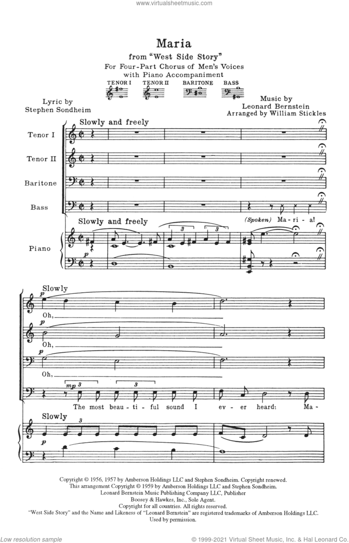 Maria (from West Side Story) (arr. William Stickles) sheet music for choir (TTBB: tenor, bass) by Stephen Sondheim, William Stickles and Leonard Bernstein, intermediate skill level