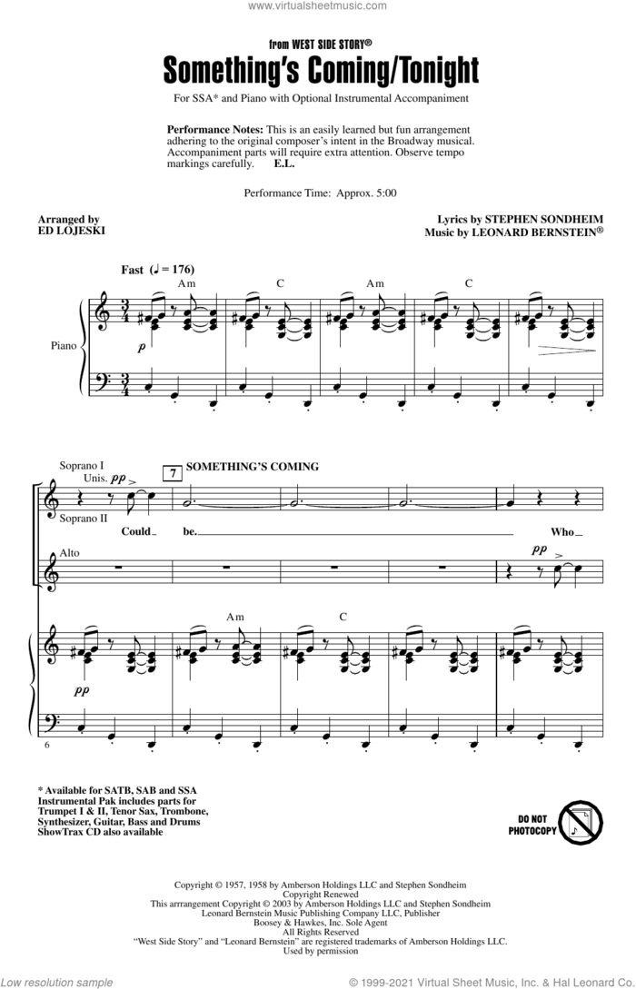 Something's Coming/Tonight (from West Side Story) (arr. Ed Lojeski) sheet music for choir (SSA: soprano, alto) by Stephen Sondheim, Ed Lojeski and Leonard Bernstein, intermediate skill level