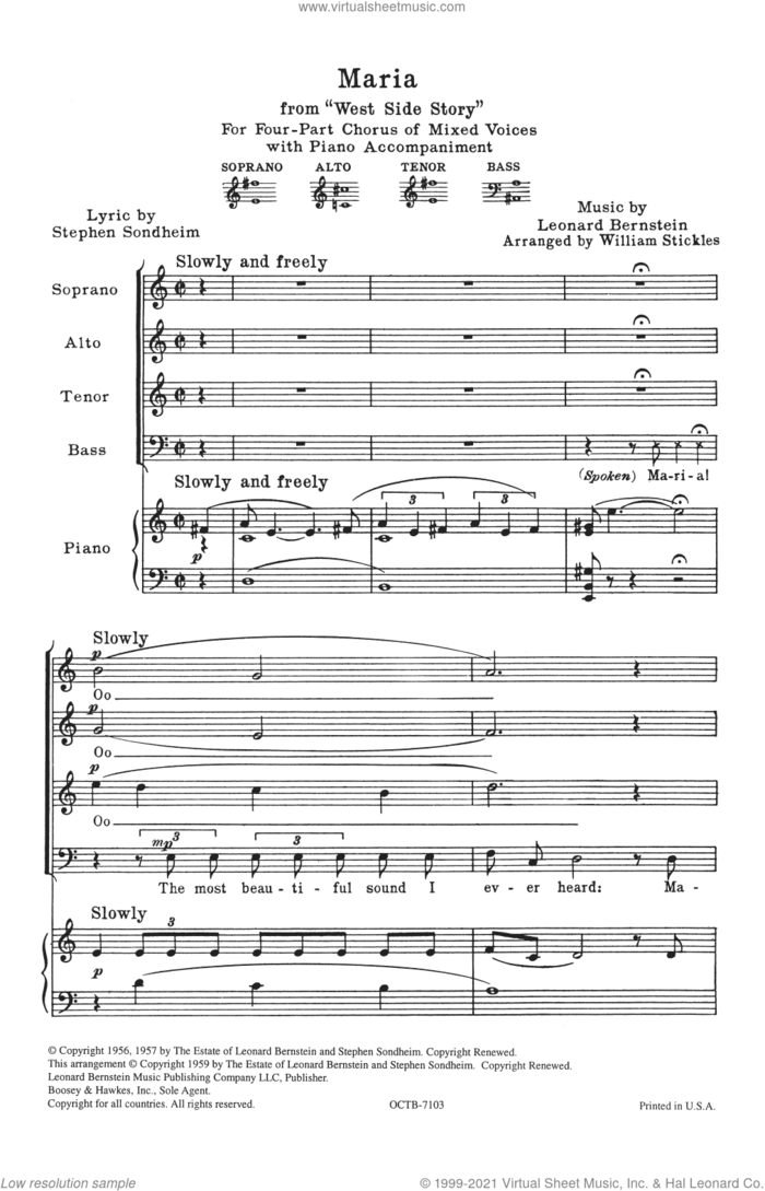 Maria (from West Side Story) (arr. William Stickles) sheet music for choir (SATB: soprano, alto, tenor, bass) by Stephen Sondheim, William Stickles and Leonard Bernstein, intermediate skill level