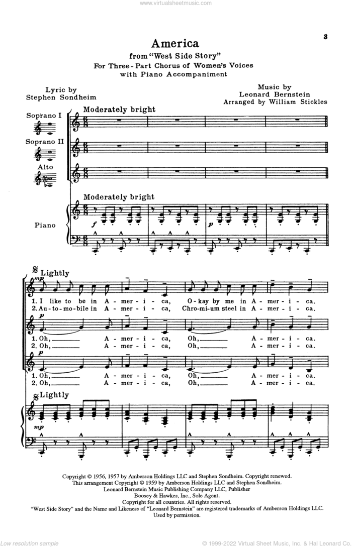 America (from West Side Story) (arr. William Stickles) sheet music for choir (SSA: soprano, alto) by Stephen Sondheim, William Stickles and Leonard Bernstein, intermediate skill level