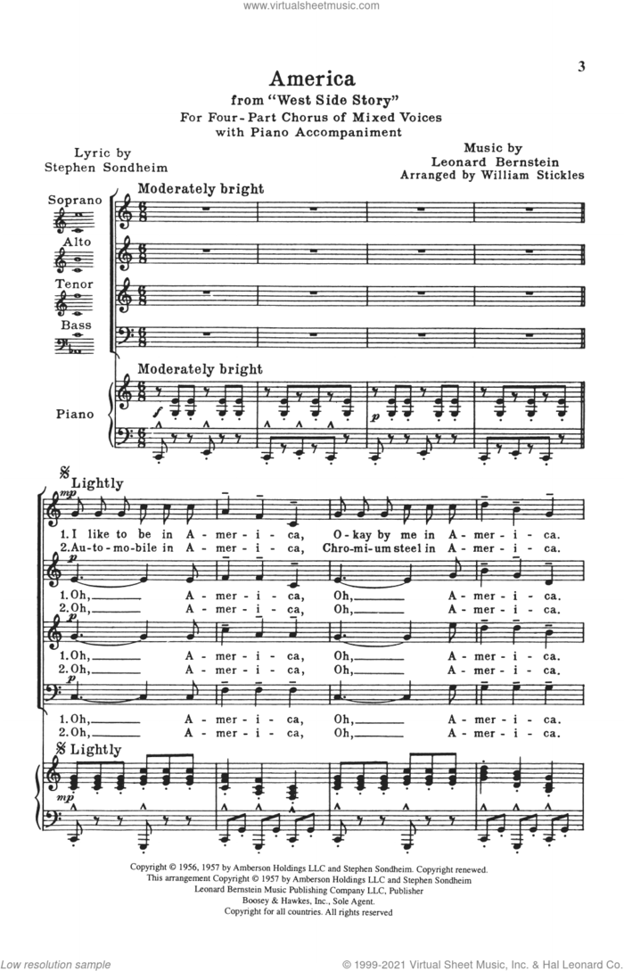 America (from West Side Story) (arr. William Stickles) sheet music for choir (SATB: soprano, alto, tenor, bass) by Stephen Sondheim, William Stickles and Leonard Bernstein, intermediate skill level