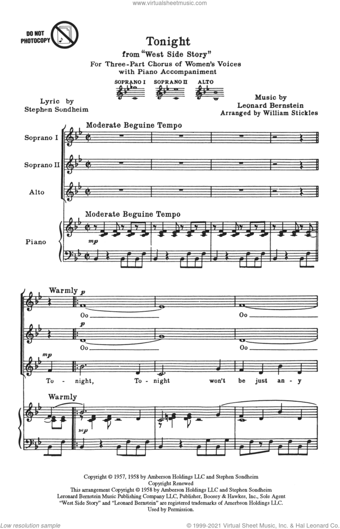 Tonight (from West Side Story) (arr. William Stickles) sheet music for choir (SSA: soprano, alto) by Stephen Sondheim, William Stickles and Leonard Bernstein, intermediate skill level