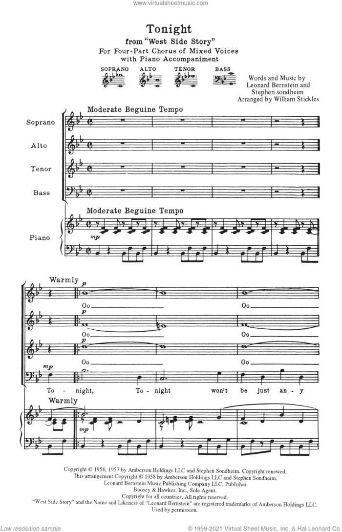 Tonight (from West Side Story) (arr. William Stickles) sheet music for choir (SATB: soprano, alto, tenor, bass) by Stephen Sondheim, William Stickles and Leonard Bernstein, intermediate skill level