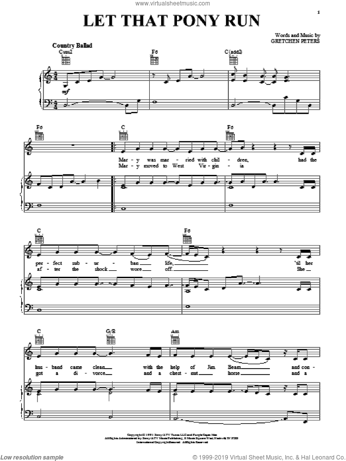 Let That Pony Run sheet music for voice, piano or guitar by Pam Tillis and Gretchen Peters, intermediate skill level