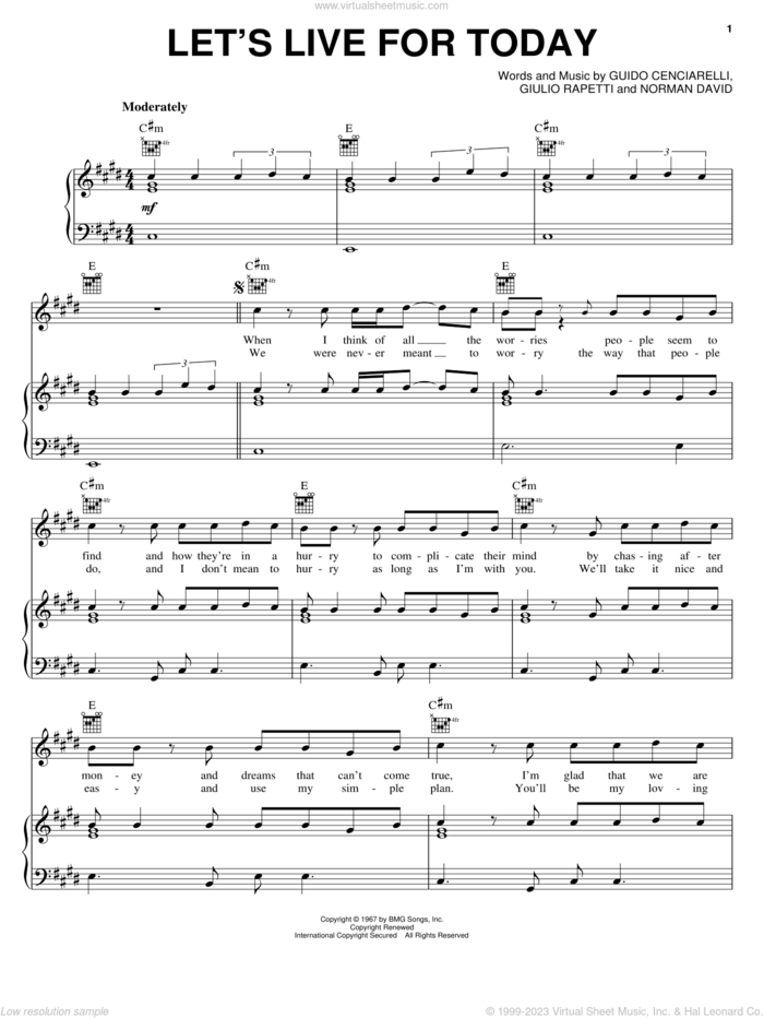 Let's Live For Today sheet music for voice, piano or guitar by The Grass Roots, Giulio Rapetti, Guido Cenciarelli and Norman David, intermediate skill level