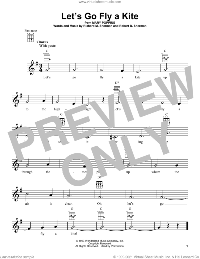 Let's Go Fly A Kite (from Mary Poppins) sheet music for ukulele by Richard M. Sherman, Robert B. Sherman and Sherman Brothers, intermediate skill level