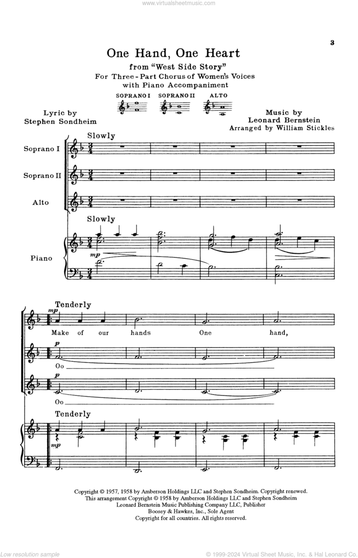 One Hand, One Heart (from West Side Story) (arr. William Stickles) sheet music for choir (SSA: soprano, alto) by Stephen Sondheim, William Stickles and Leonard Bernstein, wedding score, intermediate skill level