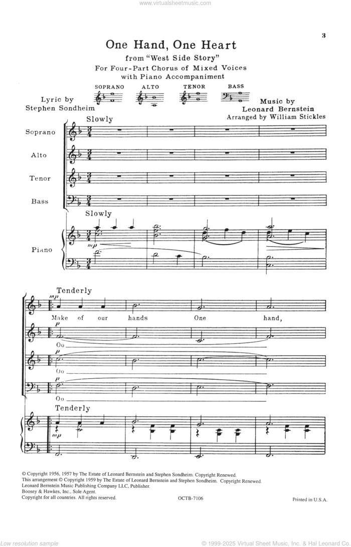 One Hand, One Heart (from West Side Story) (arr. William Stickles) sheet music for choir (SATB: soprano, alto, tenor, bass) by Stephen Sondheim, William Stickles and Leonard Bernstein, wedding score, intermediate skill level