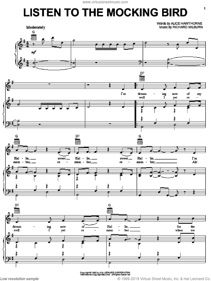 Listen To The Mocking Bird sheet music for voice, piano or guitar by Alice Hawthorne and Richard Milburn, intermediate skill level