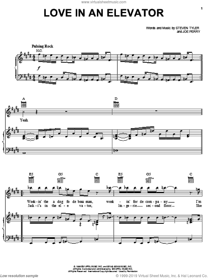 Love In An Elevator sheet music for voice, piano or guitar by Aerosmith, Joe Perry and Steven Tyler, intermediate skill level
