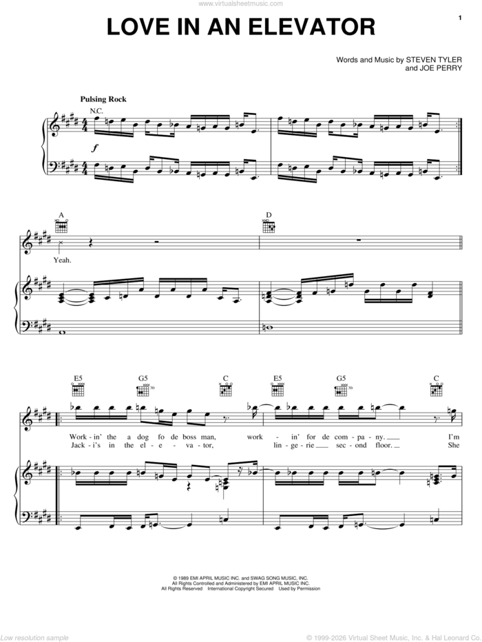 Love In An Elevator sheet music for voice, piano or guitar by Aerosmith, Joe Perry and Steven Tyler, intermediate skill level
