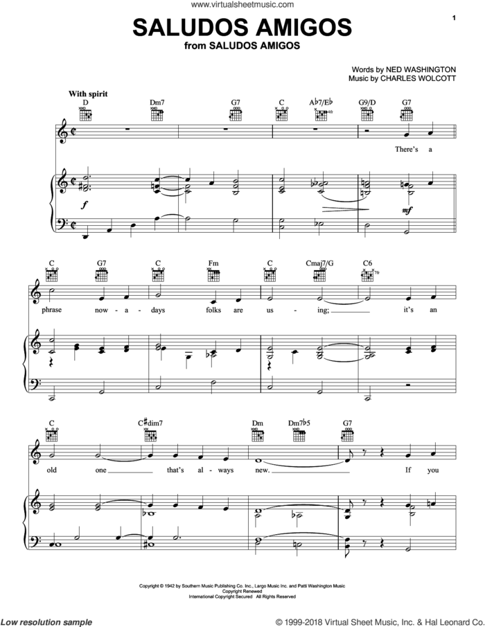 Saludos Amigos sheet music for voice, piano or guitar by Ned Washington and Charles Wolcott, intermediate skill level