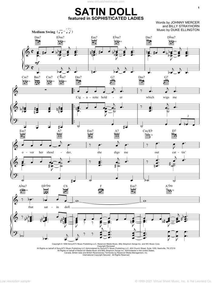 Satin Doll sheet music for voice, piano or guitar by Duke Ellington, Billy Strayhorn and Johnny Mercer, intermediate skill level