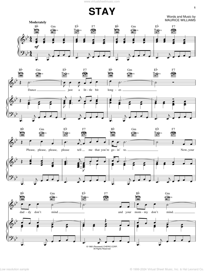Stay sheet music for voice, piano or guitar by Maurice Williams, The Four Seasons and The Zodiacs, intermediate skill level