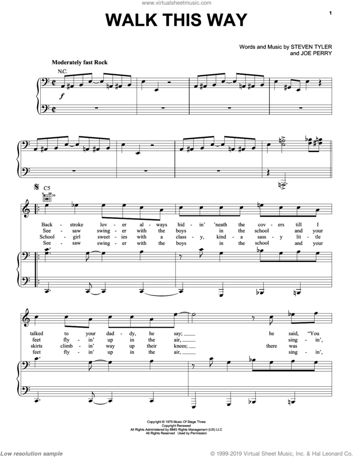 Walk This Way sheet music for voice, piano or guitar by Aerosmith, Joe Perry and Steven Tyler, intermediate skill level