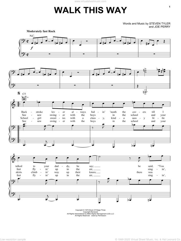 Walk This Way sheet music for voice, piano or guitar by Aerosmith, Joe Perry and Steven Tyler, intermediate skill level