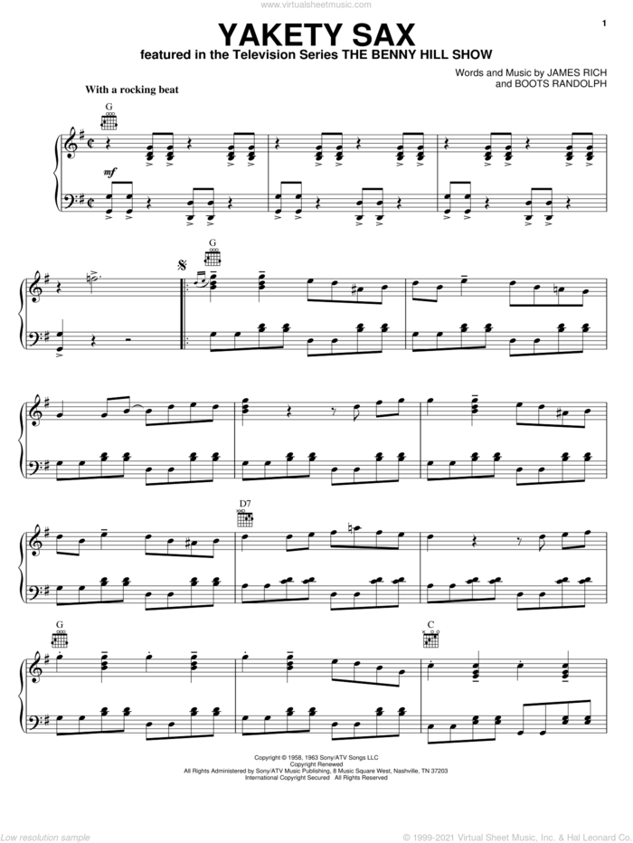 Yakety Sax sheet music for voice, piano or guitar by Boots Randolph and James Rich, intermediate skill level