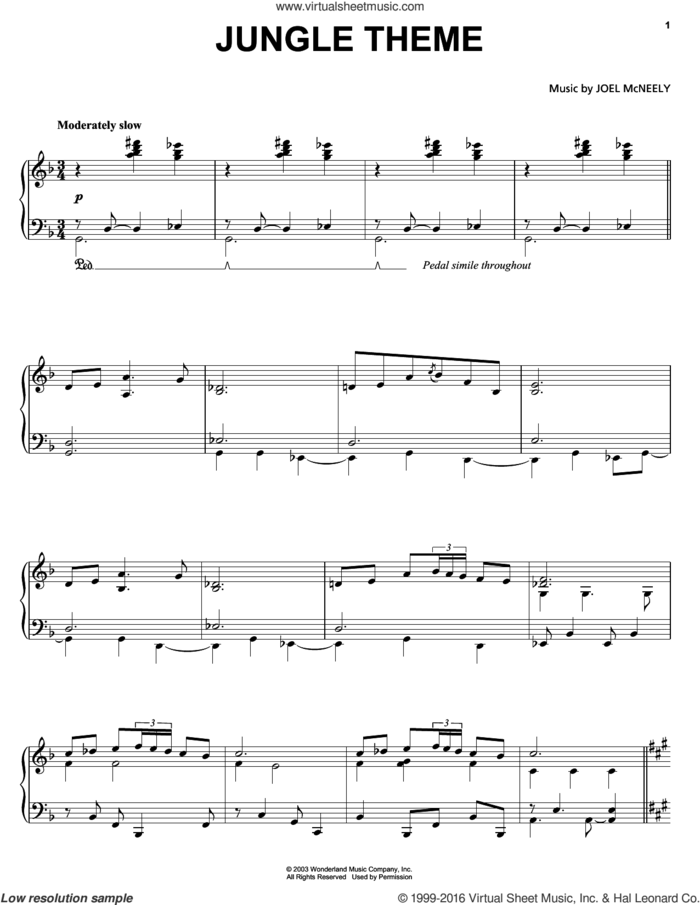 Jungle Theme sheet music for voice, piano or guitar by Joel McNeely, intermediate skill level
