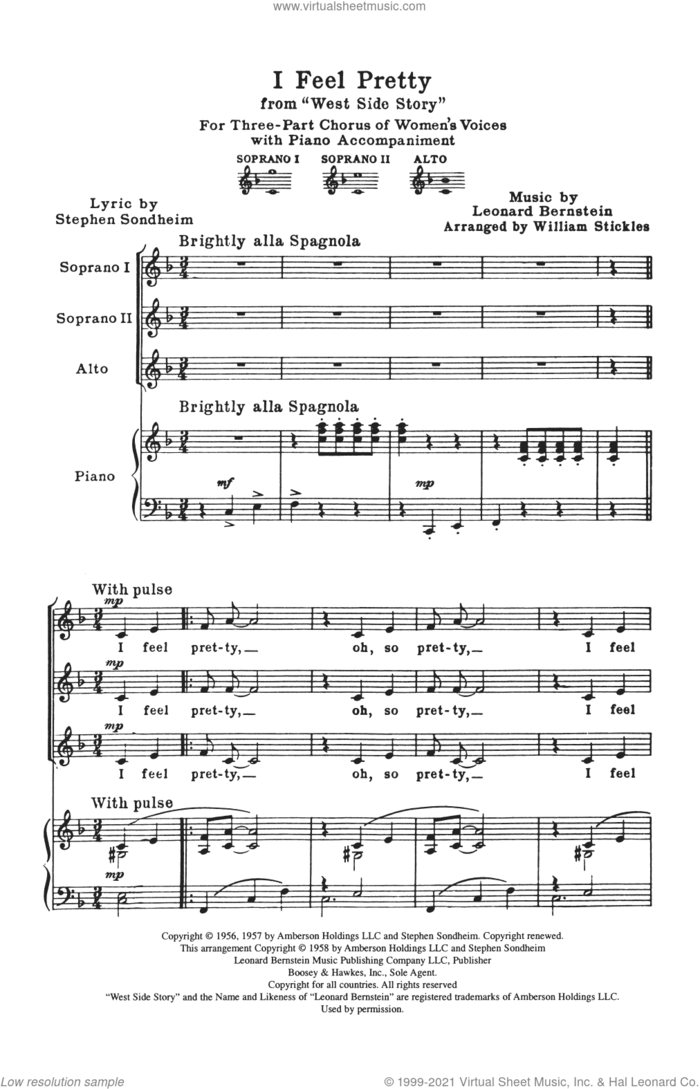 I Feel Pretty (from West Side Story) (arr. William Stickles) sheet music for choir (SSA: soprano, alto) by Stephen Sondheim, William Stickles and Leonard Bernstein, intermediate skill level