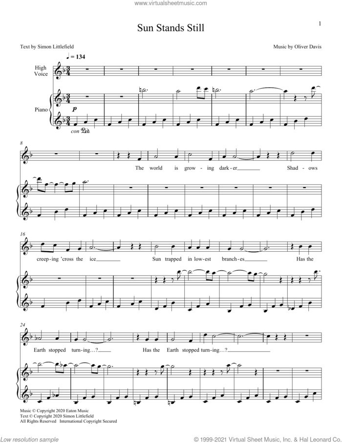 Sun Stands Still sheet music for voice and piano by Oliver Davis and Simon Littlefield, classical score, intermediate skill level