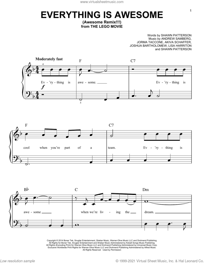 Everything Is Awesome (from The Lego Movie) (feat. The Lonely Island), (beginner) sheet music for piano solo by Tegan and Sara, Akiva Schaffer, Andrew Samberg, Jorma Taccone, Joshua Bartholomew, Lisa Harriton and Shawn Patterson, beginner skill level