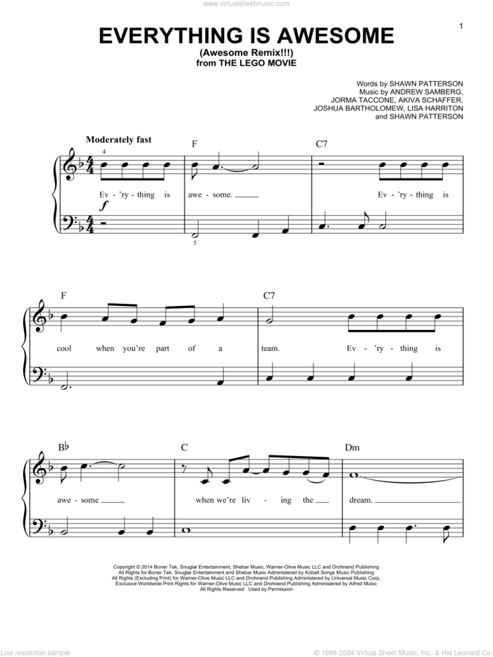 Everything Is Awesome (from The Lego Movie) (feat. The Lonely Island), (beginner) sheet music for piano solo by Tegan and Sara, Akiva Schaffer, Andrew Samberg, Jorma Taccone, Joshua Bartholomew, Lisa Harriton and Shawn Patterson, beginner skill level