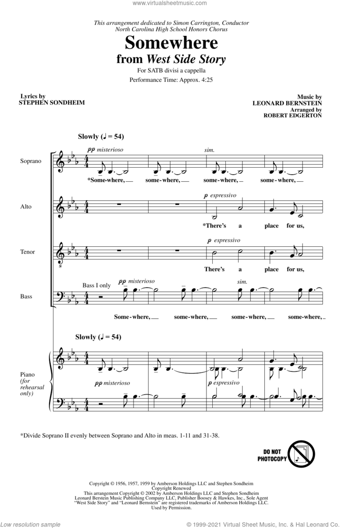 Somewhere (from West Side Story) (arr. Robert Edgerton) sheet music for choir (SATB: soprano, alto, tenor, bass) by Stephen Sondheim, Robert Edgerton and Leonard Bernstein, intermediate skill level