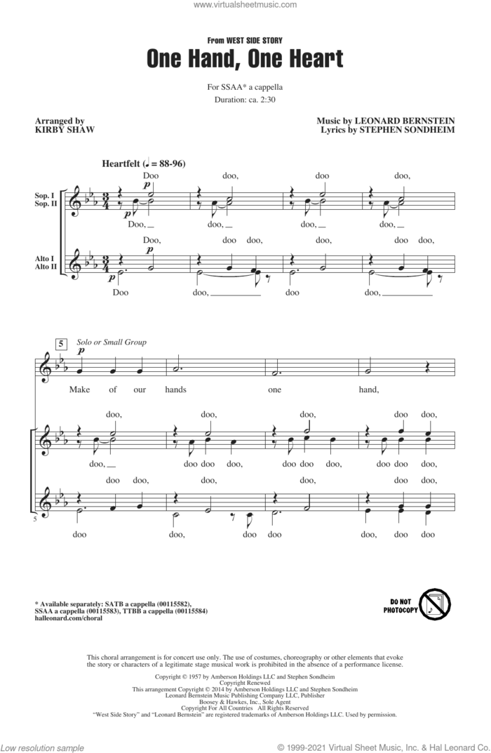One Hand, One Heart (from West Side Story) (arr. Kirby Shaw) sheet music for choir (SSAA: soprano, alto) by Stephen Sondheim, Kirby Shaw and Leonard Bernstein, wedding score, intermediate skill level