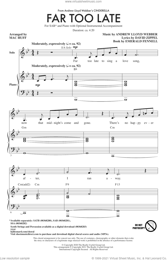 Far Too Late (from Cinderella) (arr. Mac Huff) sheet music for choir (SAB: soprano, alto, bass) by Andrew Lloyd Webber, Mac Huff, David Zippel and Emerald Fennell, intermediate skill level