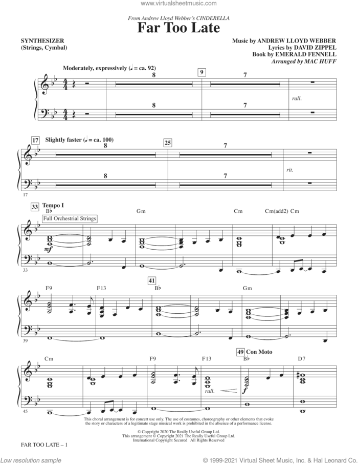 Far Too Late (from Cinderella) (arr. Mac Huff) sheet music for orchestra/band (synthesizer) by Andrew Lloyd Webber, Mac Huff, David Zippel and Emerald Fennell, intermediate skill level