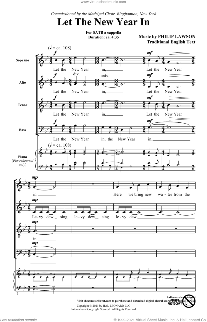 Let The New Year In sheet music for choir (SATB: soprano, alto, tenor, bass) by Philip Lawson and Traditional English Text, intermediate skill level