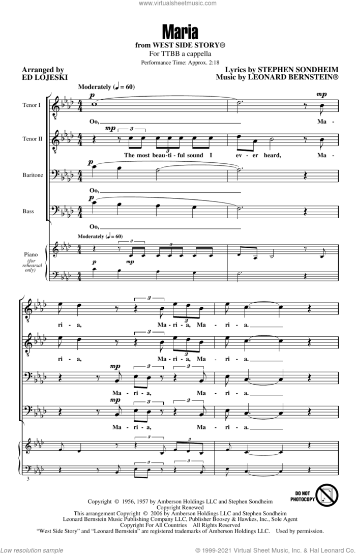 Maria (from West Side Story) (arr. Ed Lojeski) sheet music for choir (TTBB: tenor, bass) by Stephen Sondheim, Ed Lojeski and Leonard Bernstein, intermediate skill level