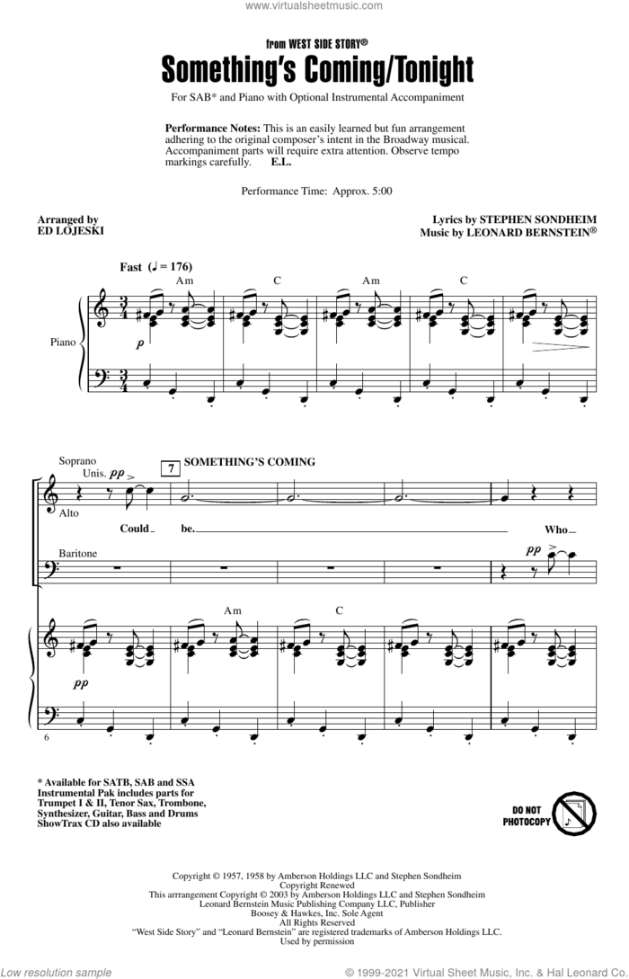 Something's Coming/Tonight (from West Side Story) (arr. Ed Lojeski) sheet music for choir (SAB: soprano, alto, bass) by Stephen Sondheim, Ed Lojeski and Leonard Bernstein, intermediate skill level