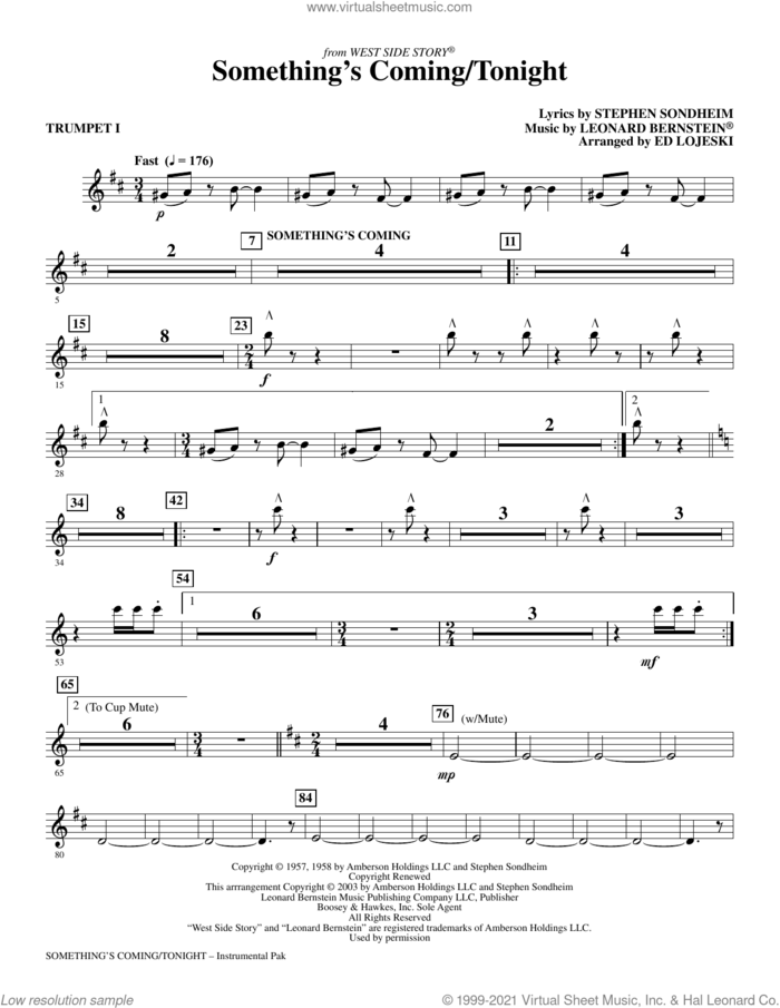 Something's Coming/Tonight (from West Side Story) (arr. Ed Lojeski) (complete set of parts) sheet music for orchestra/band by Stephen Sondheim, Ed Lojeski and Leonard Bernstein, intermediate skill level
