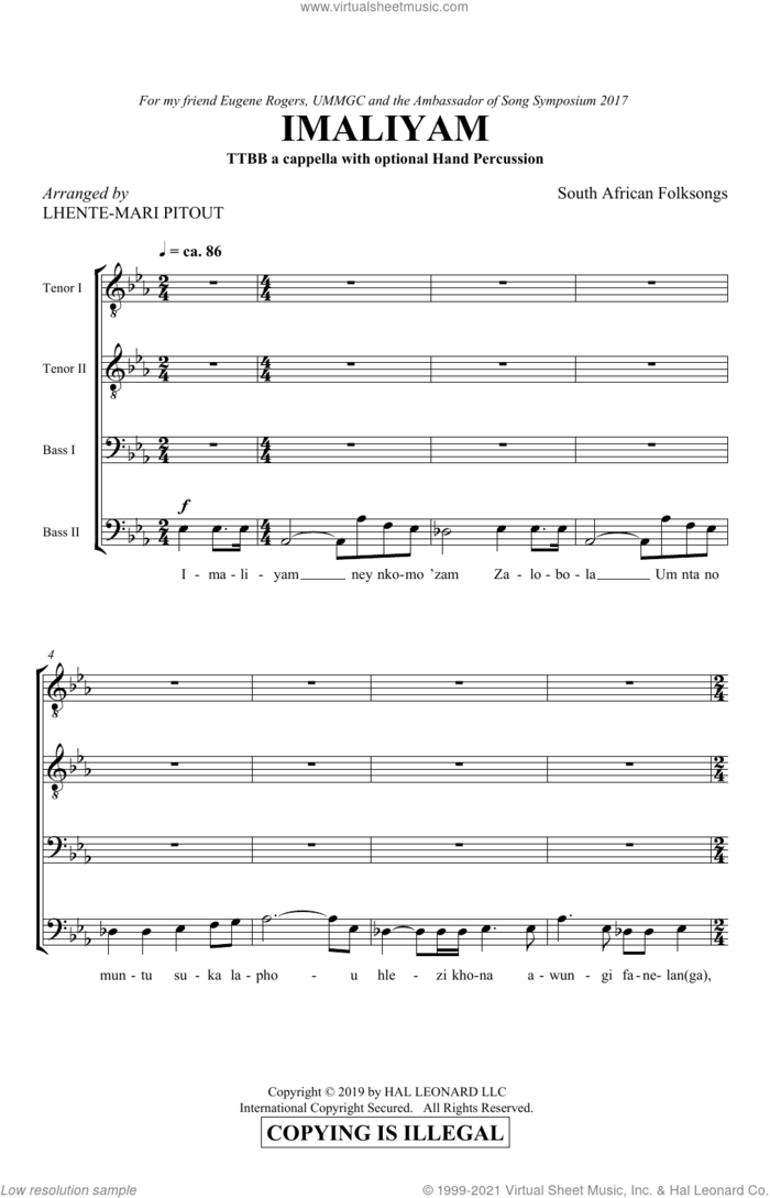 Imaliyam (arr. Lhente-Mari Pitout) sheet music for choir (TTBB: tenor, bass) by South African Folksong and Lhente-Mari Pitout, intermediate skill level