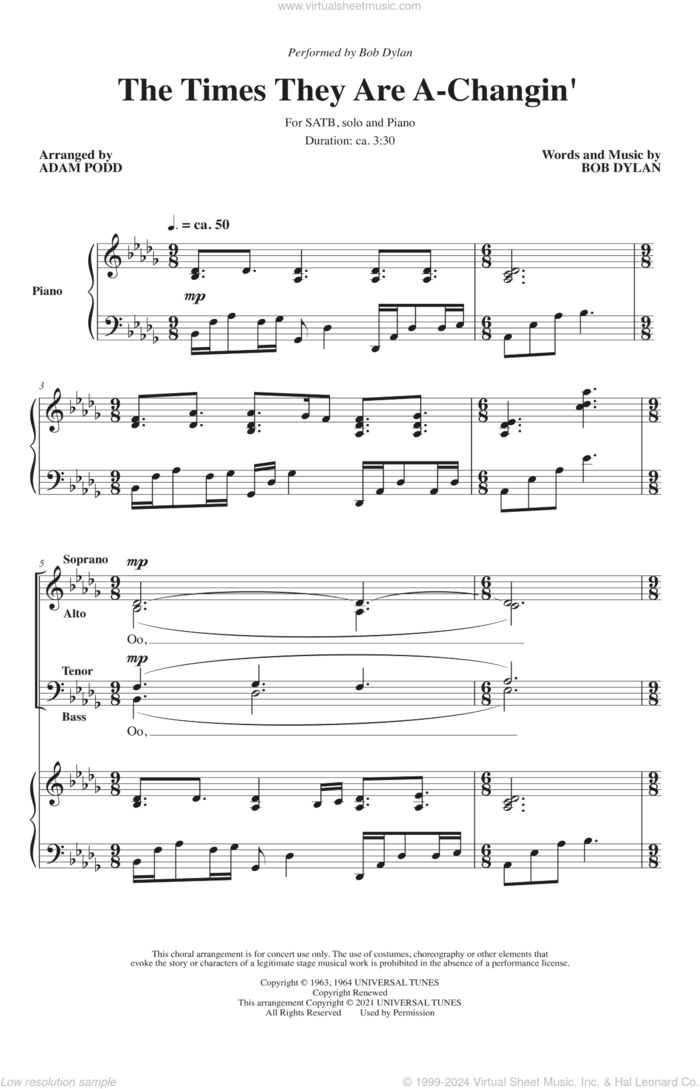 The Times They Are A-Changin' (arr. Adam Podd) sheet music for choir (SATB: soprano, alto, tenor, bass) by Bob Dylan, Adam Podd and Peter, Paul & Mary, intermediate skill level