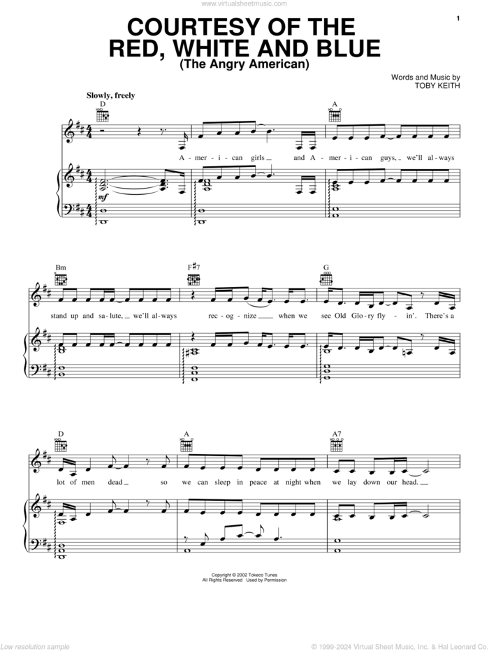 Courtesy Of The Red, White And Blue (The Angry American) sheet music for voice, piano or guitar by Toby Keith, intermediate skill level