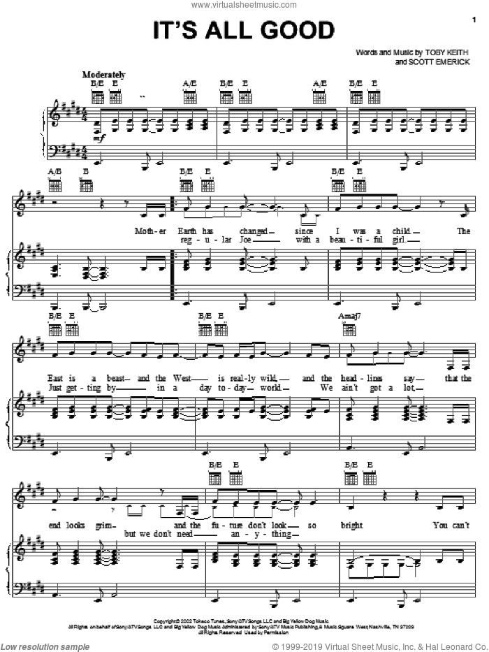 It's All Good sheet music for voice, piano or guitar by Toby Keith and Scotty Emerick, intermediate skill level