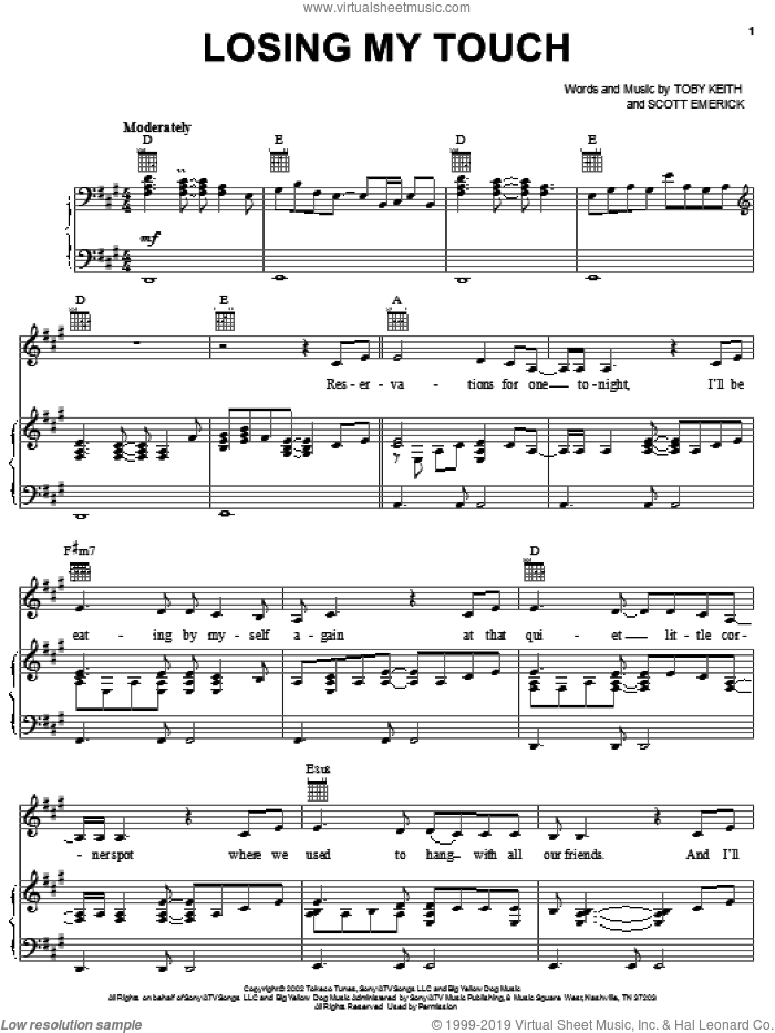 Losing My Touch sheet music for voice, piano or guitar by Toby Keith and Scotty Emerick, intermediate skill level