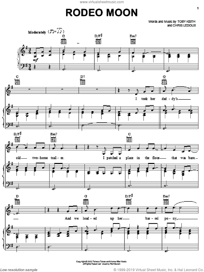 Rodeo Moon sheet music for voice, piano or guitar by Toby Keith and Chris LeDoux, intermediate skill level