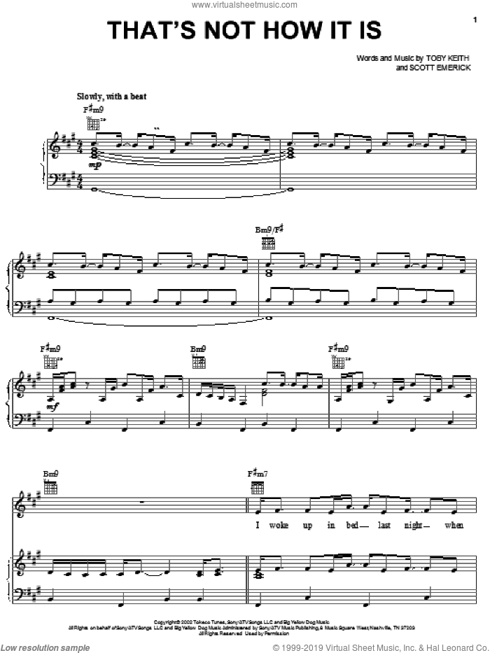 That's Not How It Is sheet music for voice, piano or guitar by Toby Keith and Scotty Emerick, intermediate skill level
