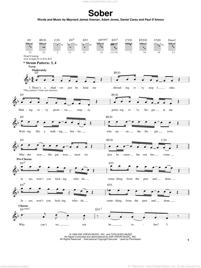 Sober sheet music for guitar solo (chords) by Tool, Adam Jones, Daniel Carey and Maynard James Keenan, easy guitar (chords)