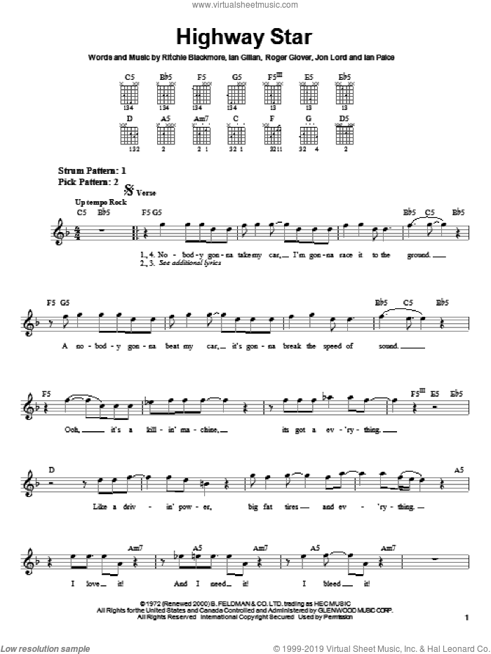 Highway Star sheet music for guitar solo (chords) by Deep Purple, Ian Gillan, Ritchie Blackmore and Roger Glover, easy guitar (chords)
