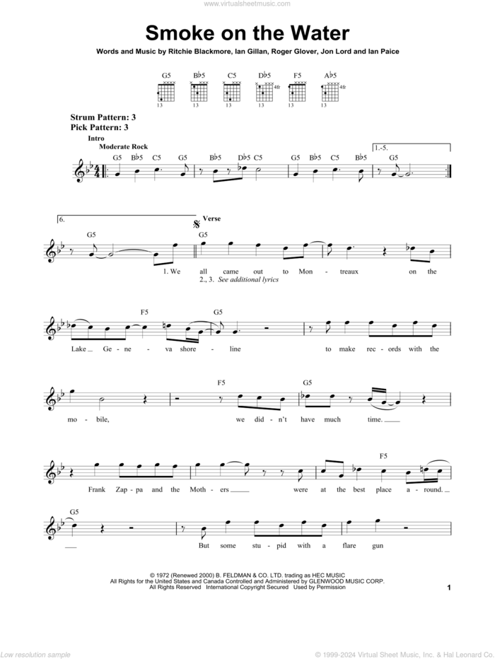 Smoke On The Water sheet music for guitar solo (chords) by Deep Purple, Ian Gillan, Ritchie Blackmore and Roger Glover, easy guitar (chords)