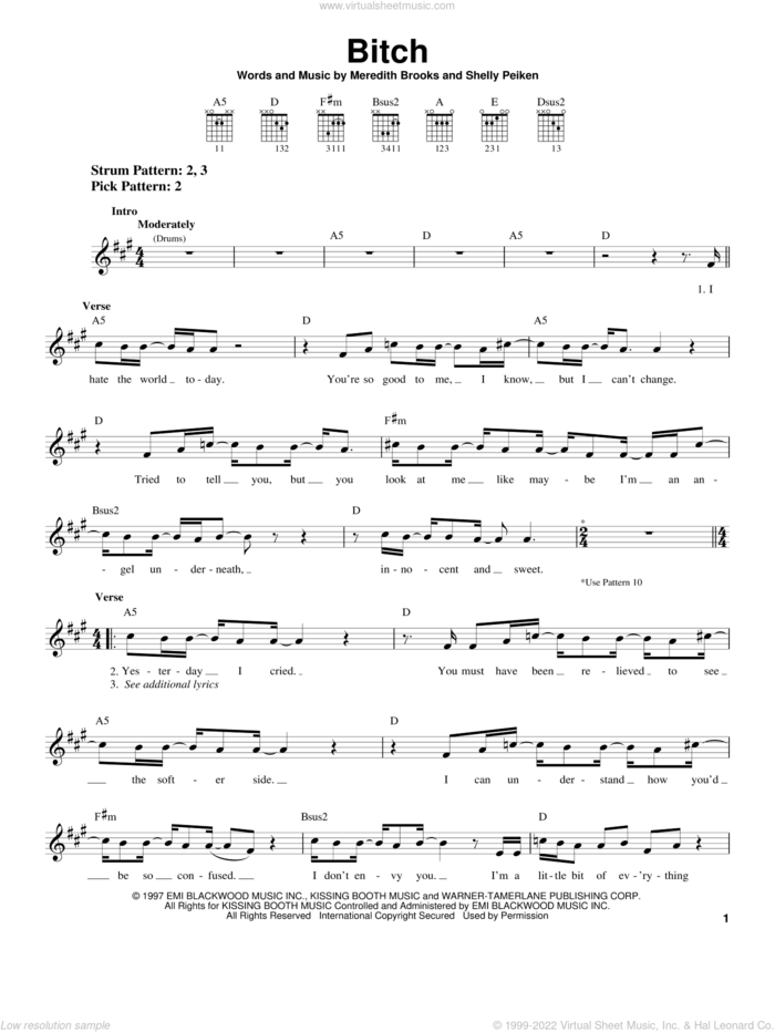 Bitch sheet music for guitar solo (chords) by Meredith Brooks and Shelly Peiken, easy guitar (chords)