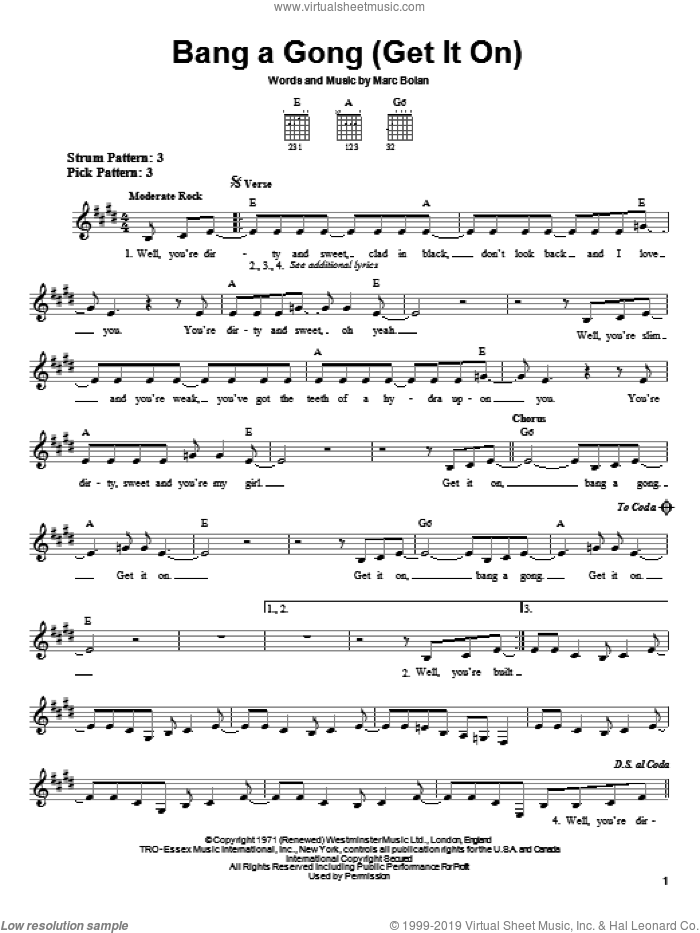 Bang A Gong (Get It On) sheet music for guitar solo (chords) by T Rex, The Power Station and Marc Bolan, easy guitar (chords)